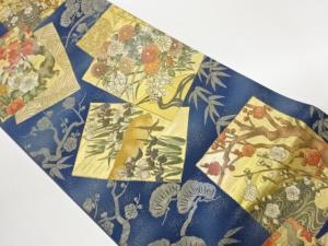 色紙に松・花々模様織出し袋帯